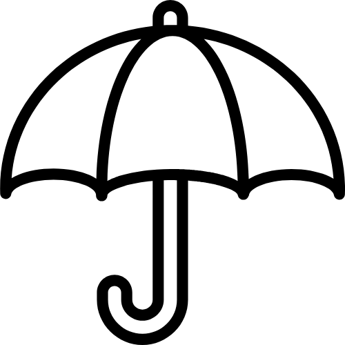 A black and white drawing of an umbrella with a curved handle.