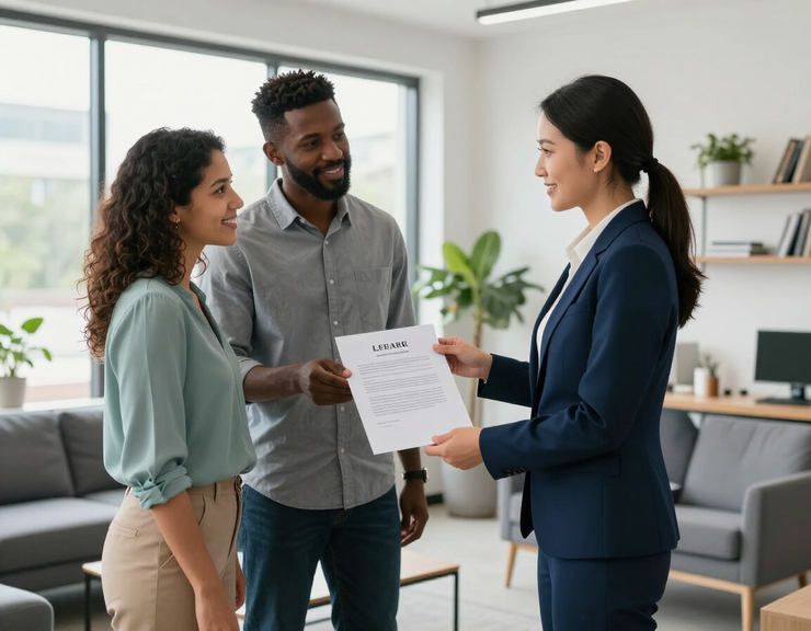 Property manager handing lease to couple in Atlanta office