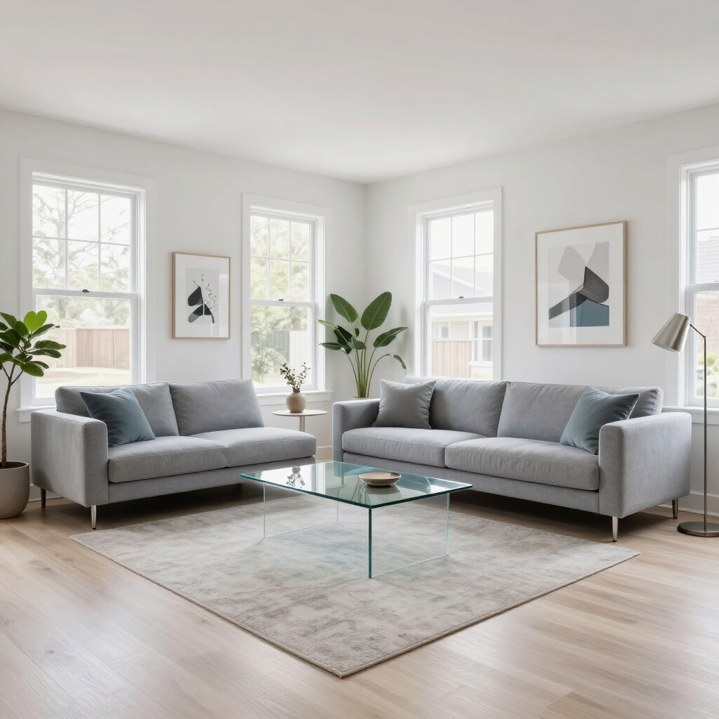 Bright staged interior living room of a modern Atlanta rental home
