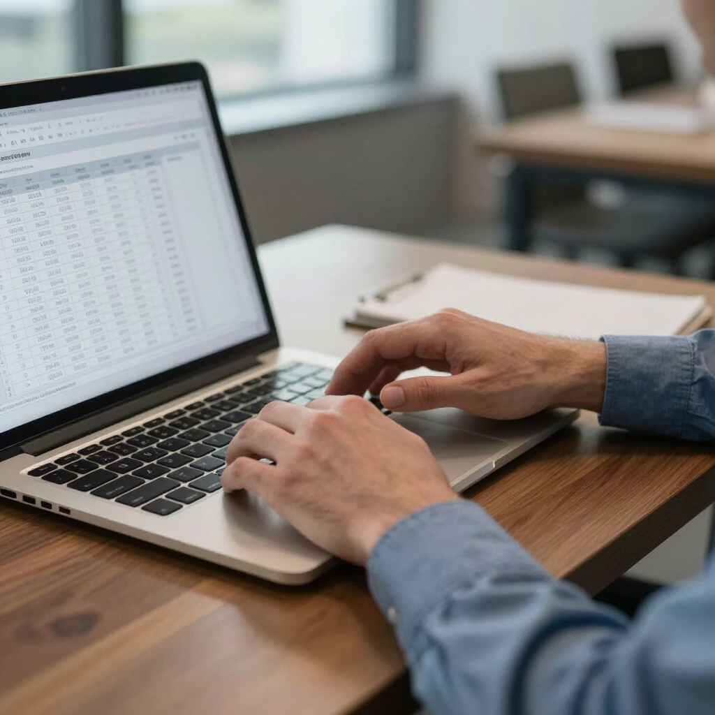 Property manager reviewing rent ledger on laptop