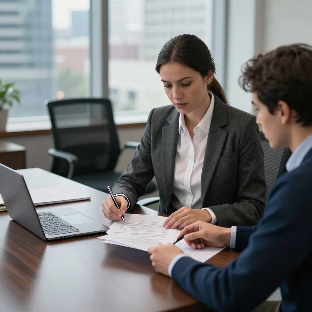 Professional leasing agent reviewing documents with a prospective tenant