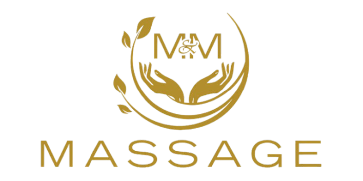 Logo of "MM Massage" in gold with hands and leaves, text "MASSAGE" below.