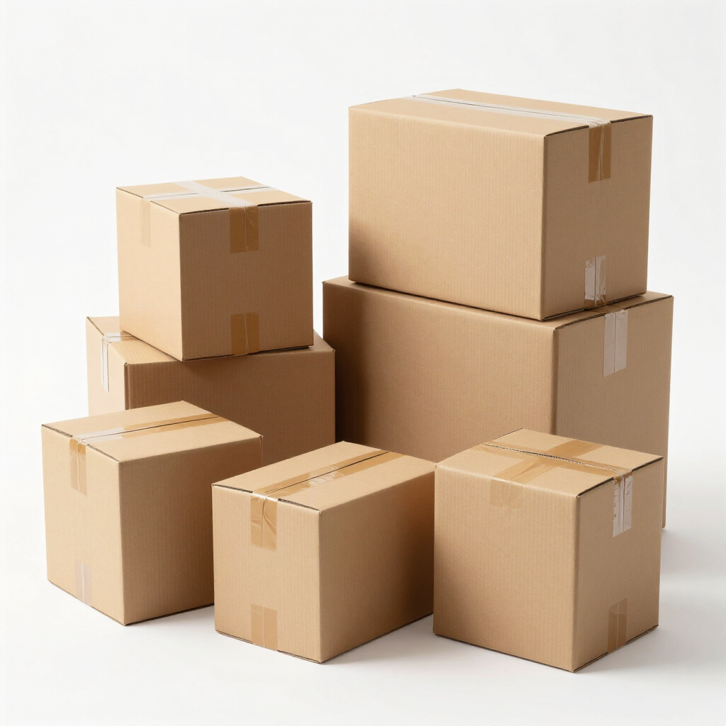 Stacked cardboard shipping boxes on a white background
