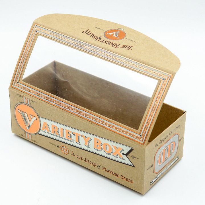 Cardboard Variety Box display with orange logo and clear window panel