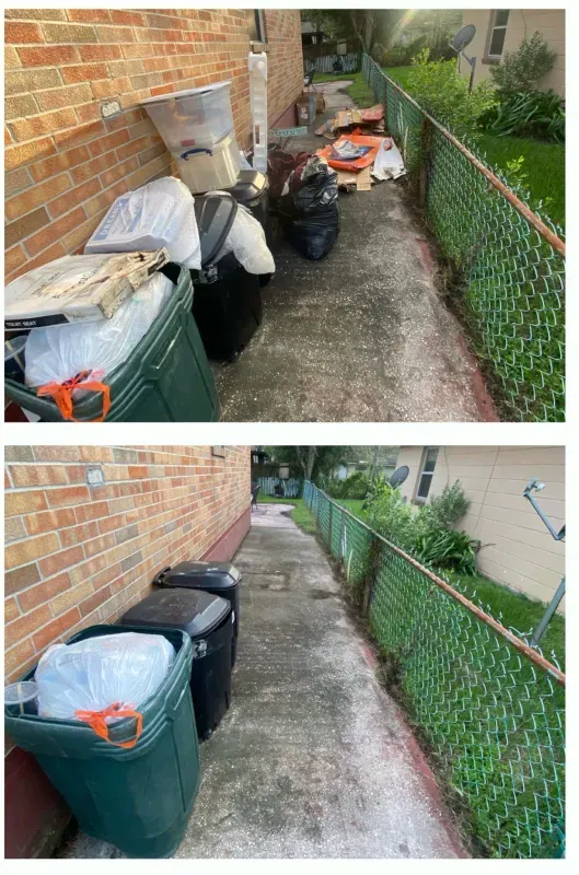 A before and after picture of a sidewalk filled with trash.