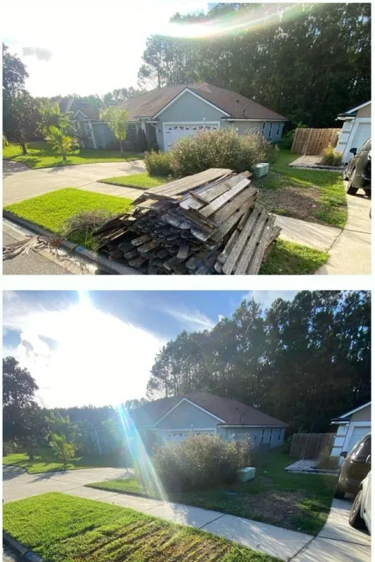 A before and after picture of a house with a pile of wood in front of it.