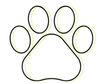 A black and white drawing of a paw print with circles around it.