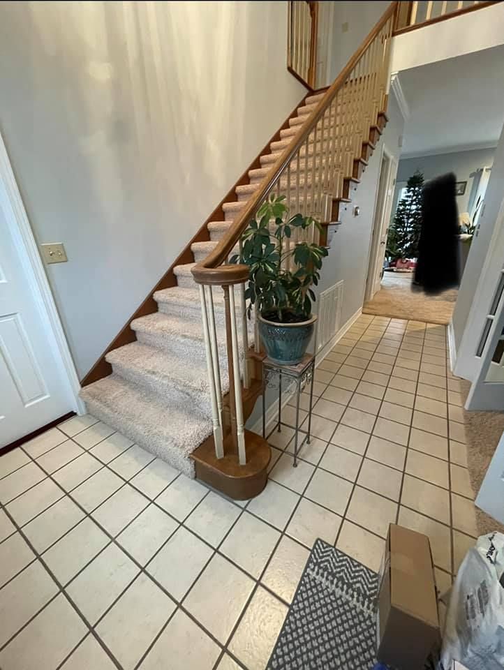 A staircase in a house with a potted plant on a table.
