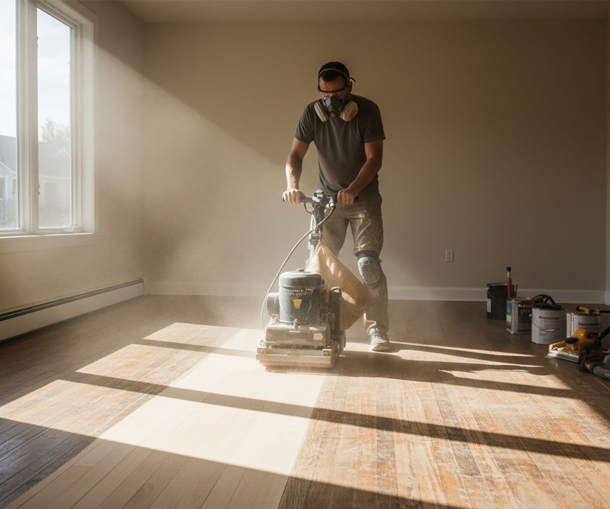 Man resanding floors in his Lorain County, Ohio home preparing it to sell with Ericka Bazzo, Northeast Ohio realtor at On Target Realty