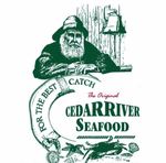 A green and white logo for cedar river seafood