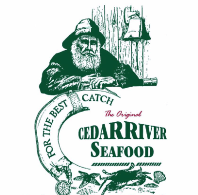 A green and white logo for cedar river seafood