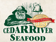 A logo for cedar river seafood with a fisherman on it