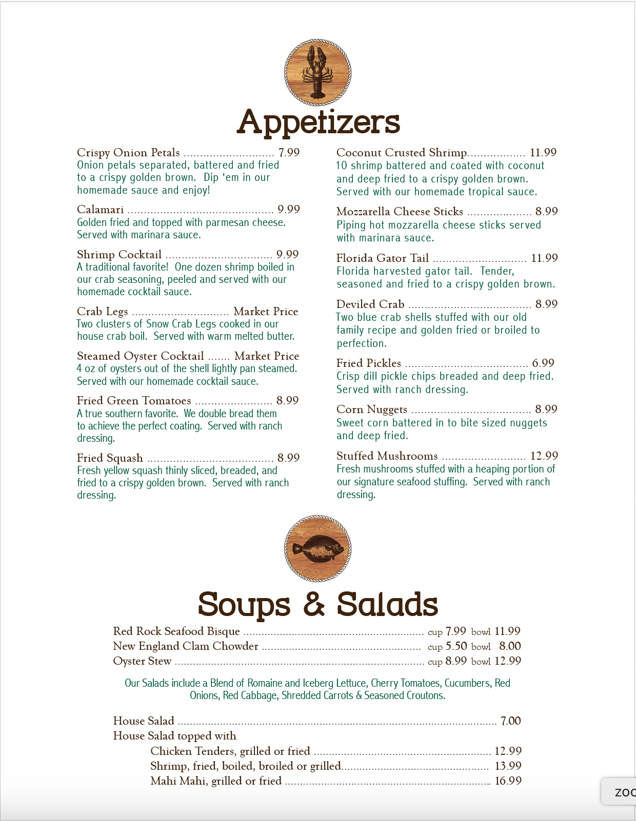 A menu for appetizers and soups and salads