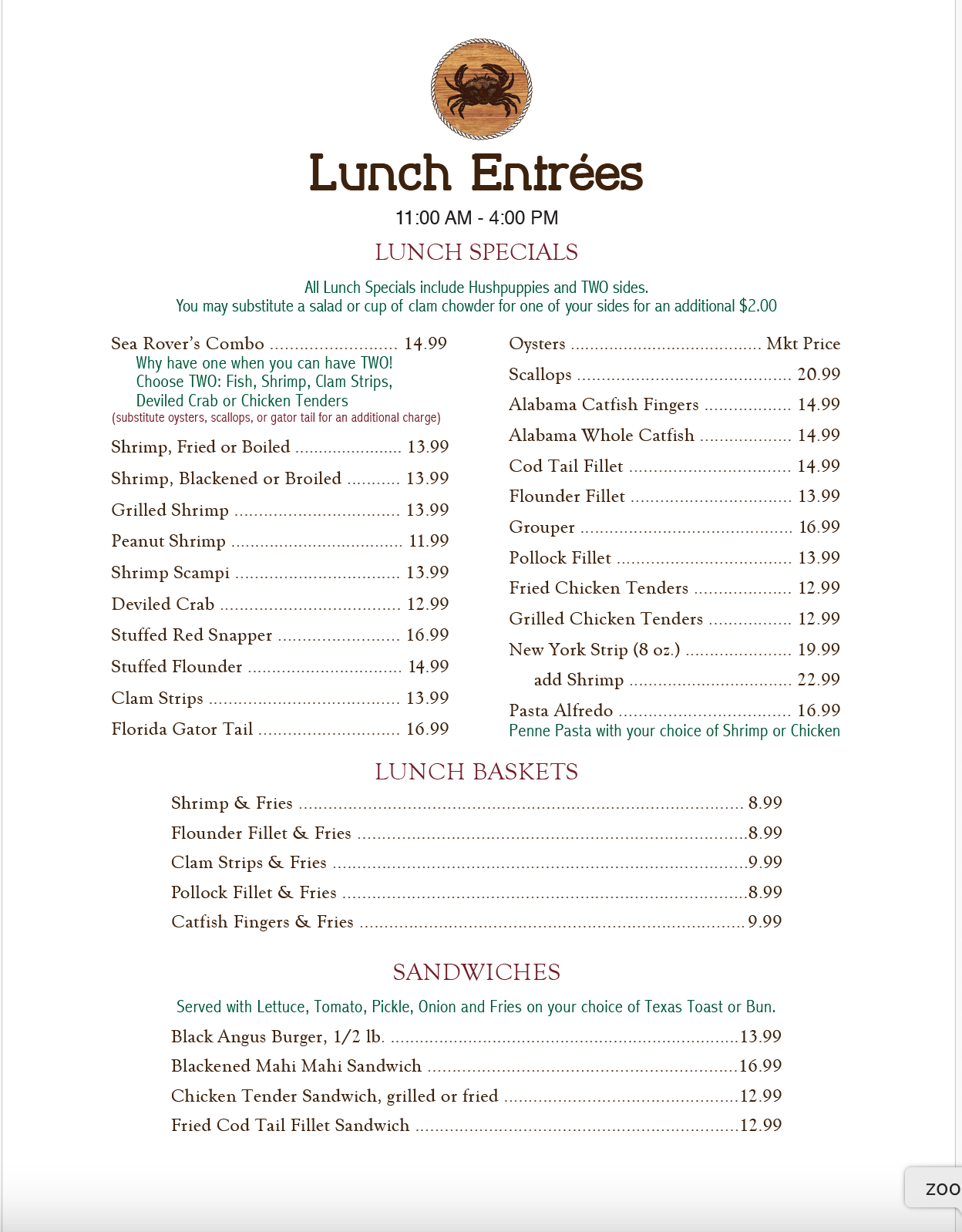 A menu for a restaurant called lunch entrees