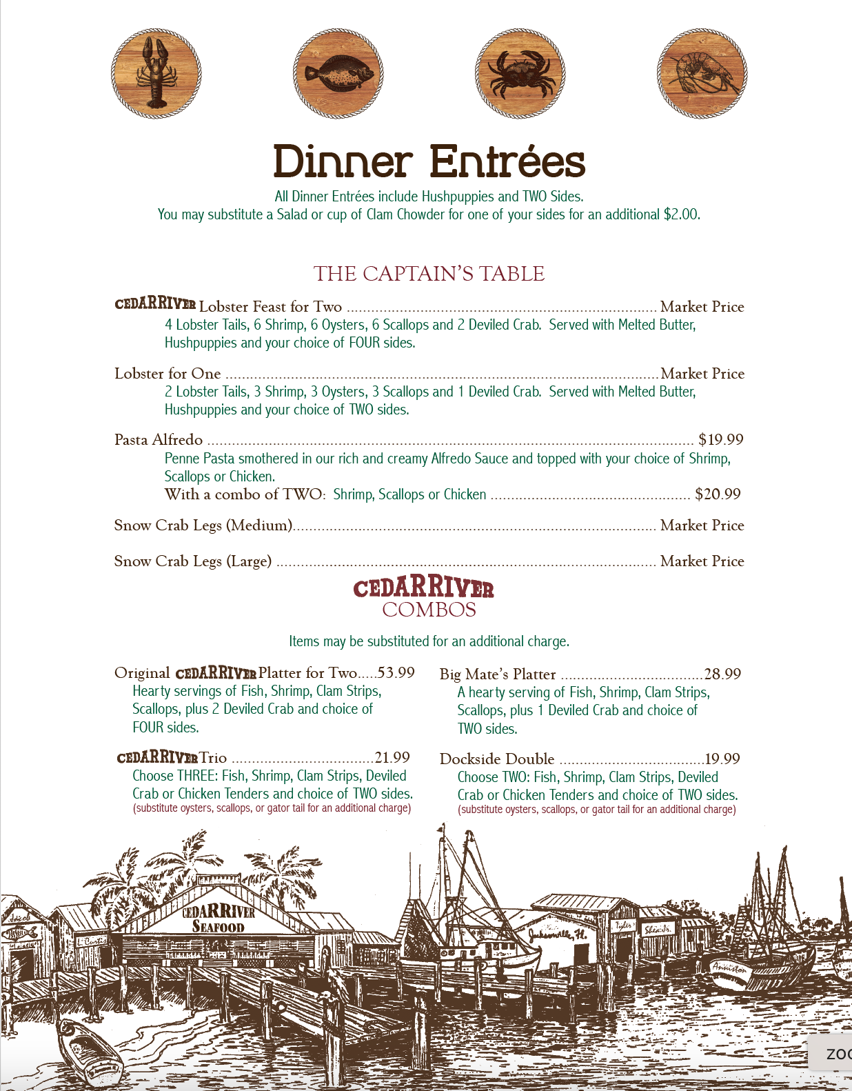 A menu for a restaurant with a drawing of a city on it.