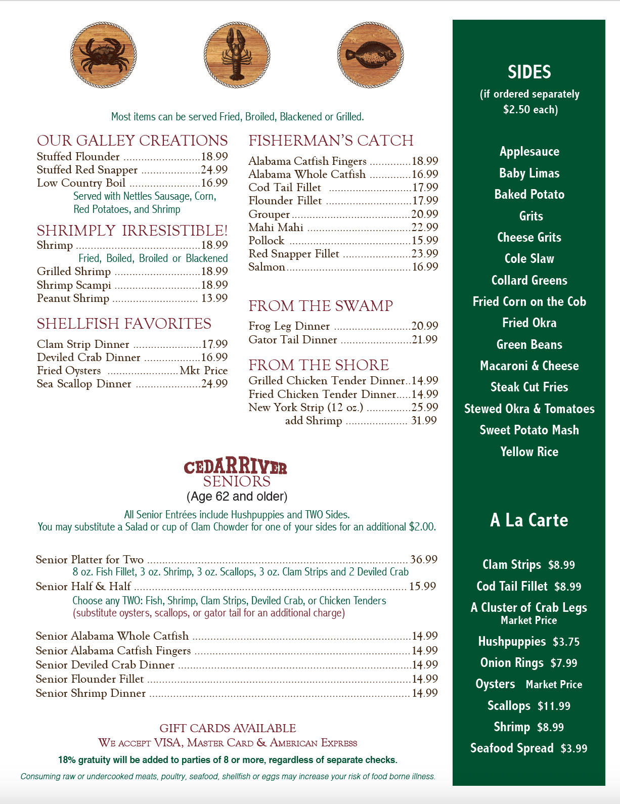 A menu for a restaurant with a crab on it