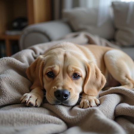 Golden-colored dog with droopy eyes lies on a beige blanket; background shows a couch.