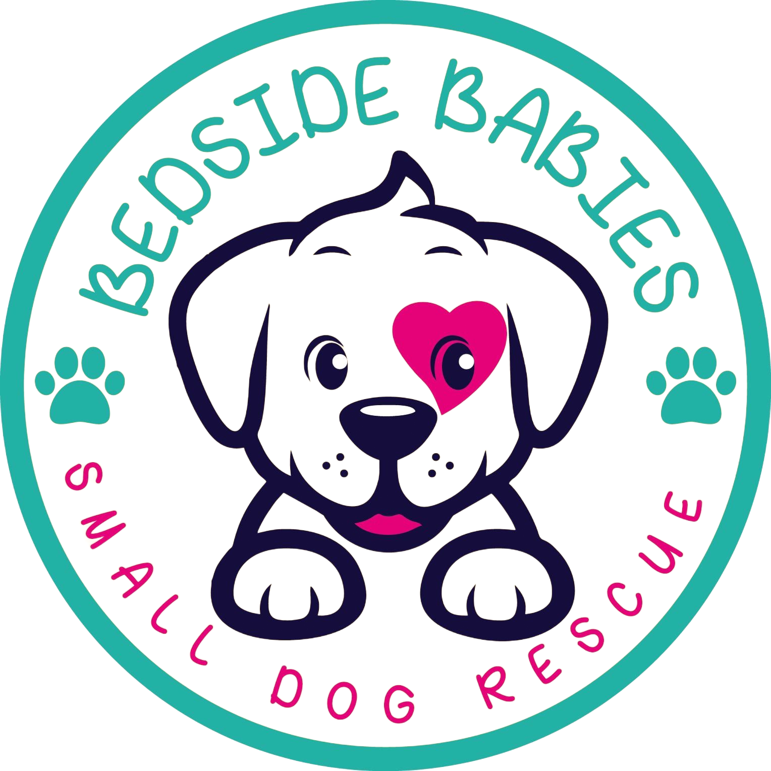Logo: White puppy with pink heart eye,