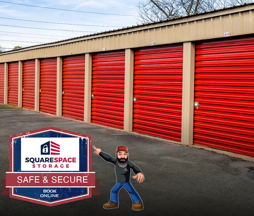 Rows of red storage unit doors at Square Space Storage in Pine Bluff, Arkansas