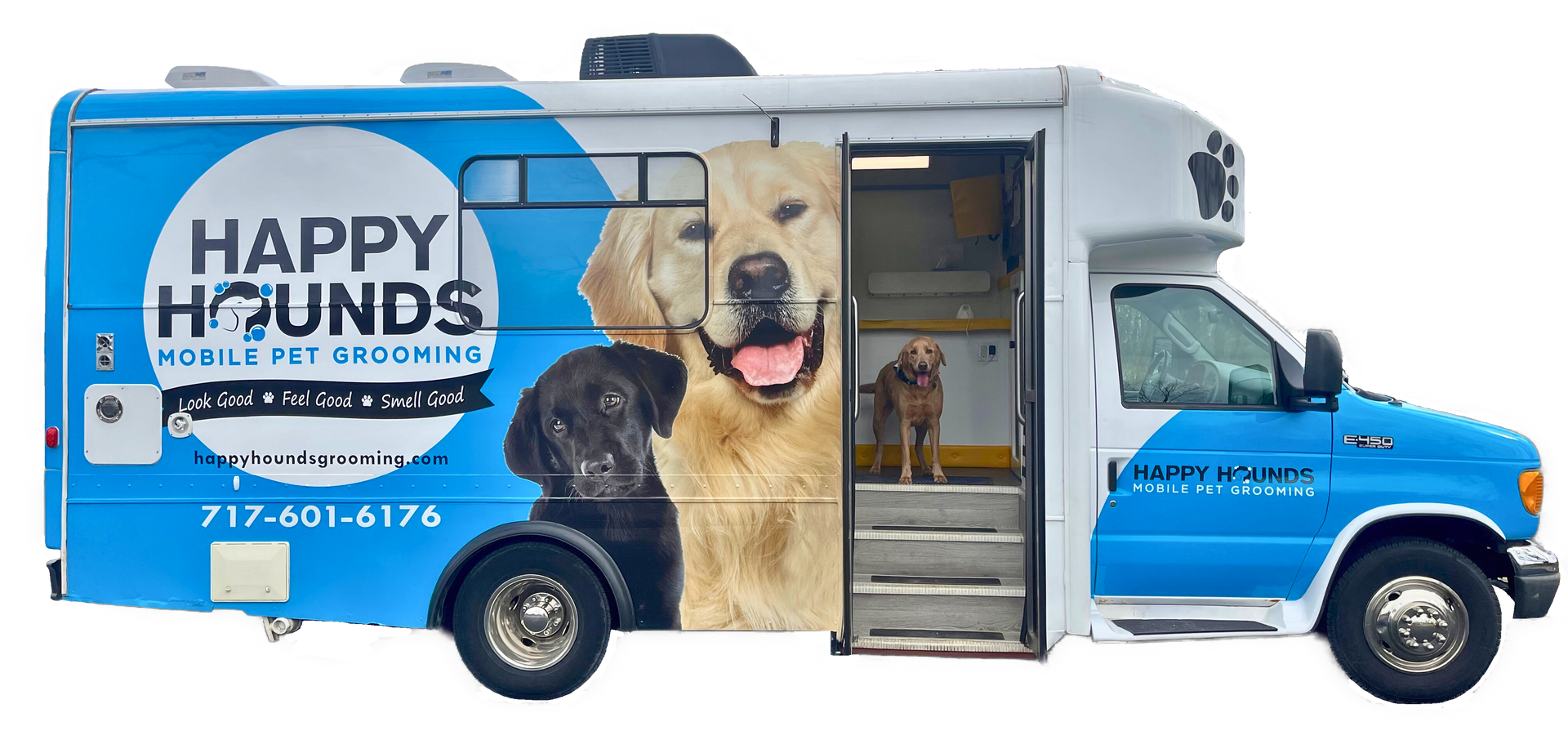A blue and white van with a picture of a dog on the side.