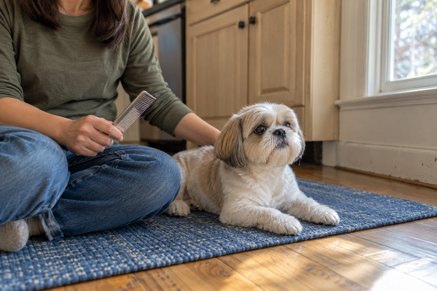 A person sitting on a kitchen rug holding a metal comb beside a short-coated Shih Tzu