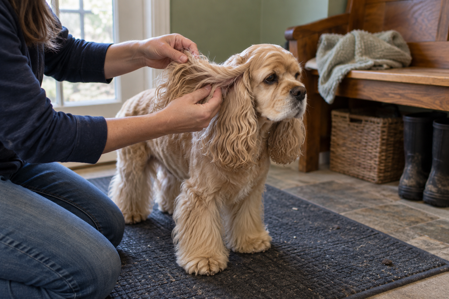 A person kneeling on an entryway mat checking the long ear feathering of a buff Cocker Spaniel