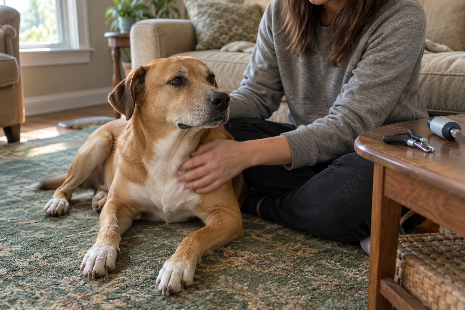 A person calmly petting a tan dog on a living room rug with nail clippers and a grinder on the table