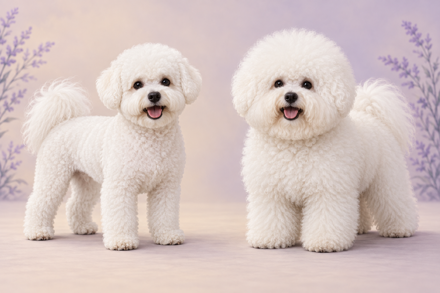 Bichon Frise pet trims with different amounts of body and leg fullness