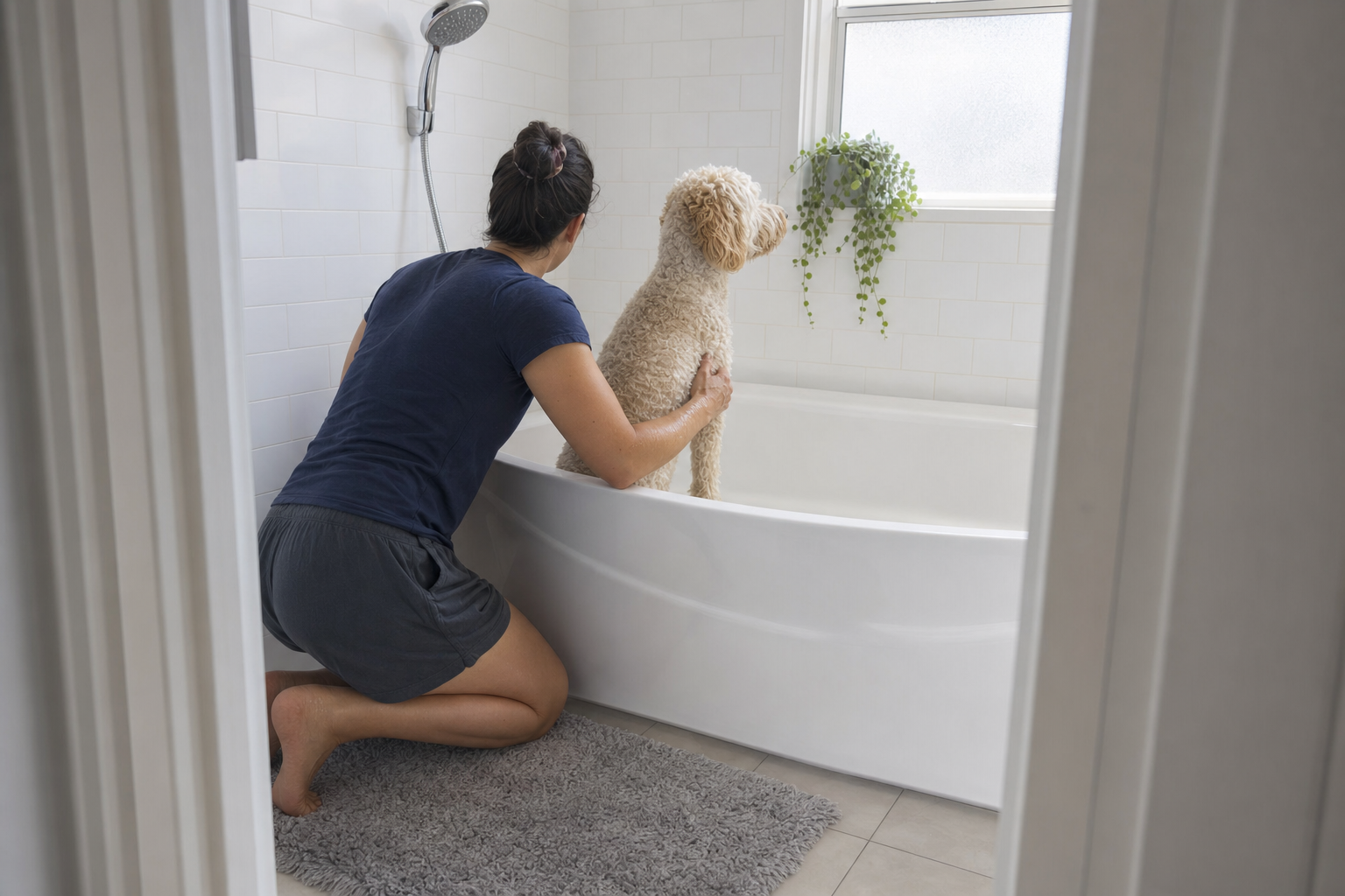 A person kneeling beside a white bathtub lifting a cream doodle into it for a bath
