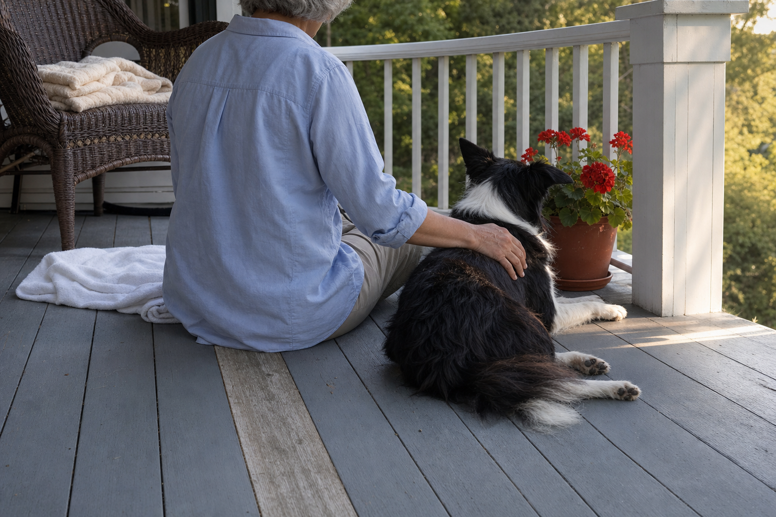 A person sitting on a porch deck resting a hand on a black and white border collie lying beside them
