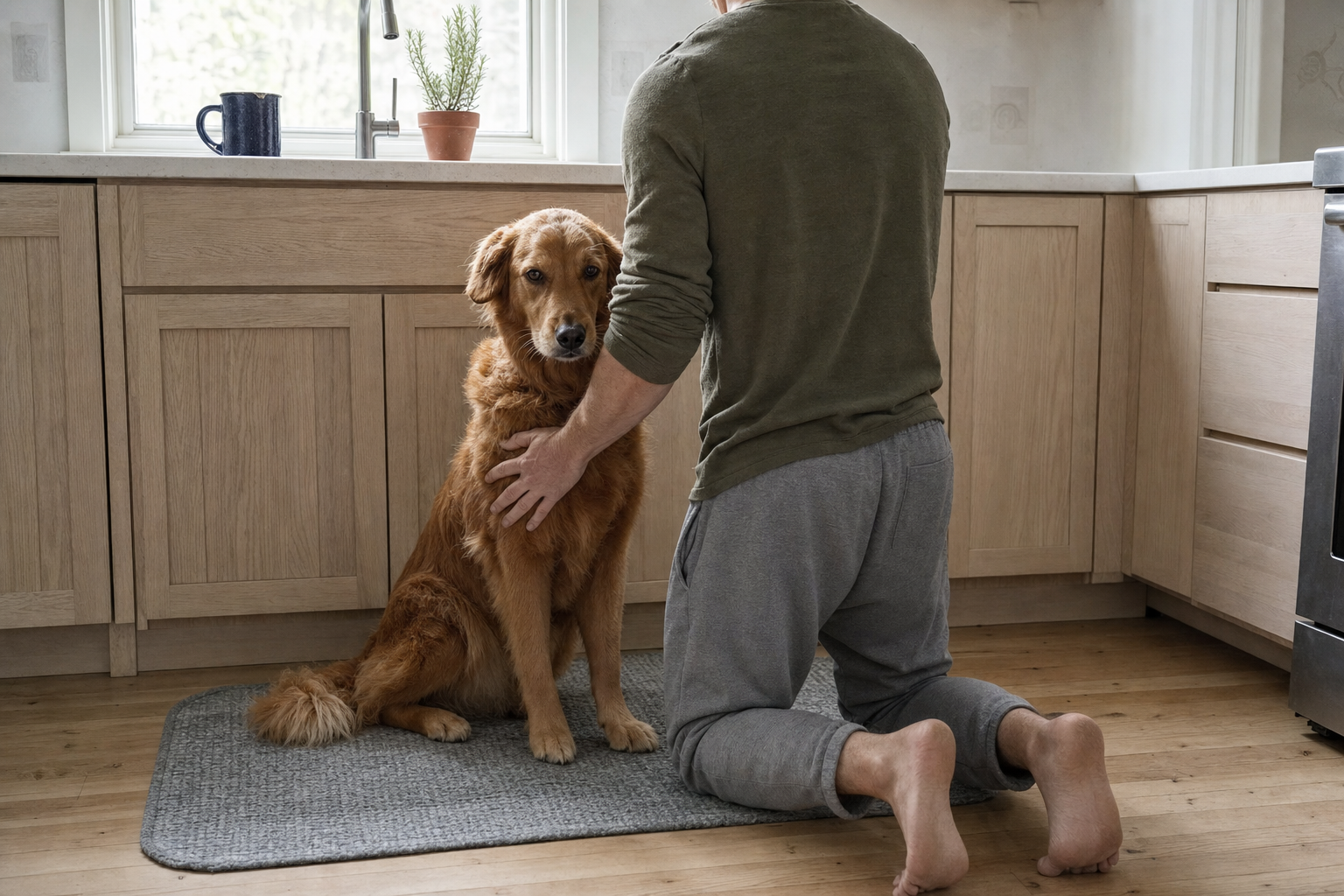 A person kneeling on a kitchen floor with a hand on a golden retriever sitting on a grey mat