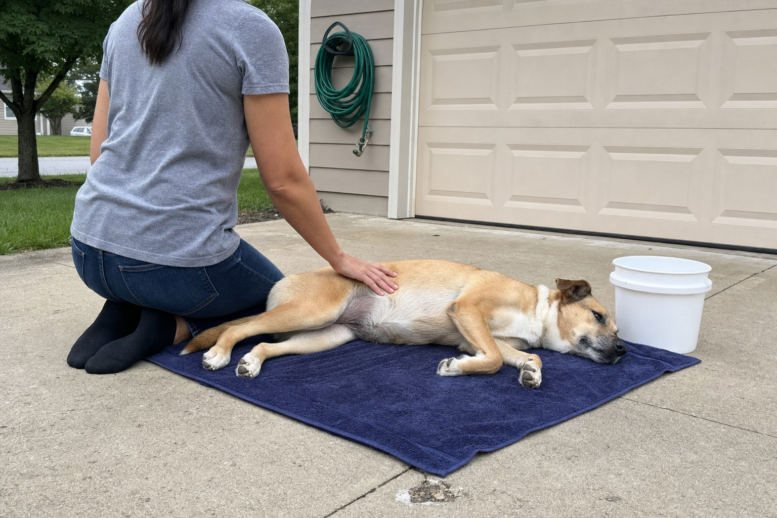 A person kneeling on a driveway checking the coat of a tan dog lying on a navy towel