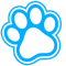 A blue paw print on a white background.