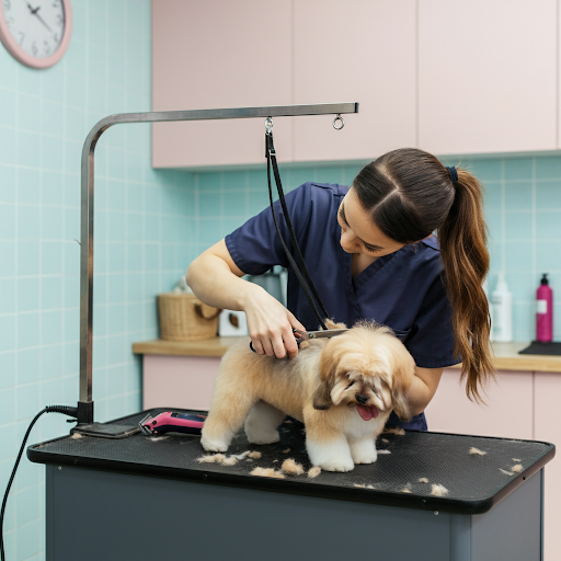 Professional dog grooming service in progress at a modern pet grooming salon.