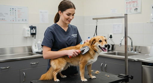 Pet owner greeting their freshly groomed dog after a mobile grooming appointment.