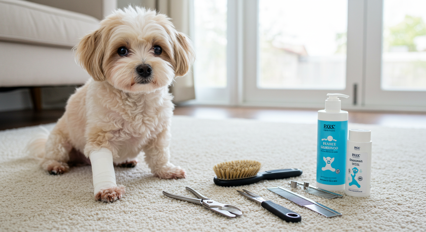 Professional dog grooming tools, brushes, and scissors organized inside a mobile pet spa.