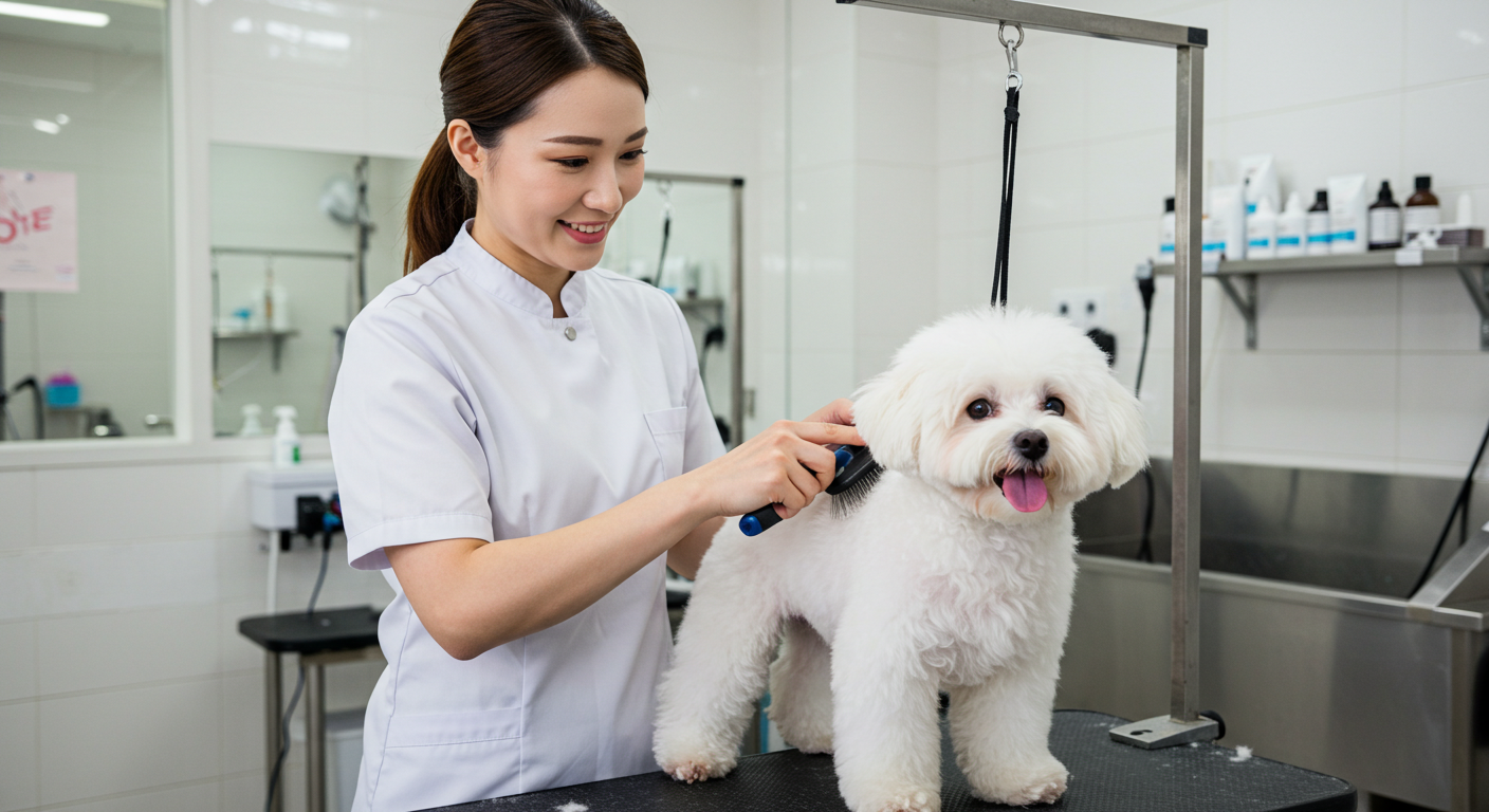 Fluffy white dog looking clean and refreshed after a bath and blow-dry service.