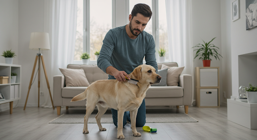 Professional groomer performing a safe and precise nail trim on a calm dog.