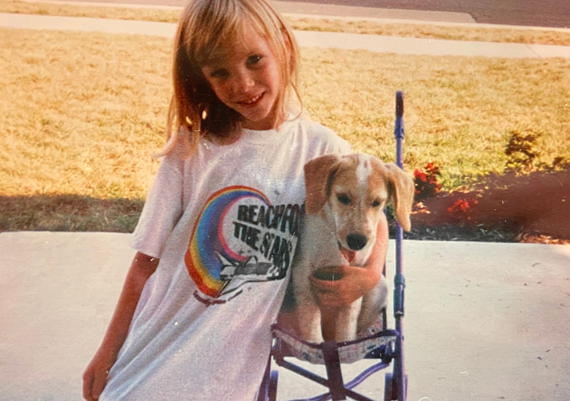 A little girl is holding a puppy in a stroller