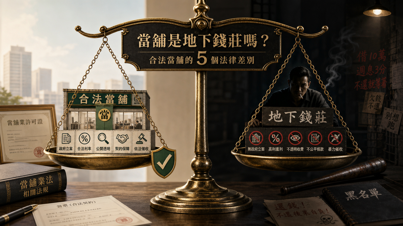 文字寫「當鋪是地下錢莊嗎？合法當鋪的5個法律差別」