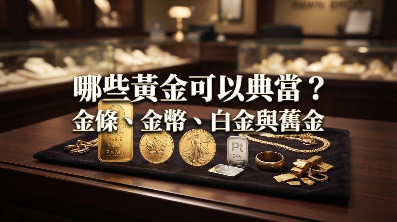 黃金金條、金幣與白金首飾展示在桌上，背景有中文標題「哪些黃金可以典當？」