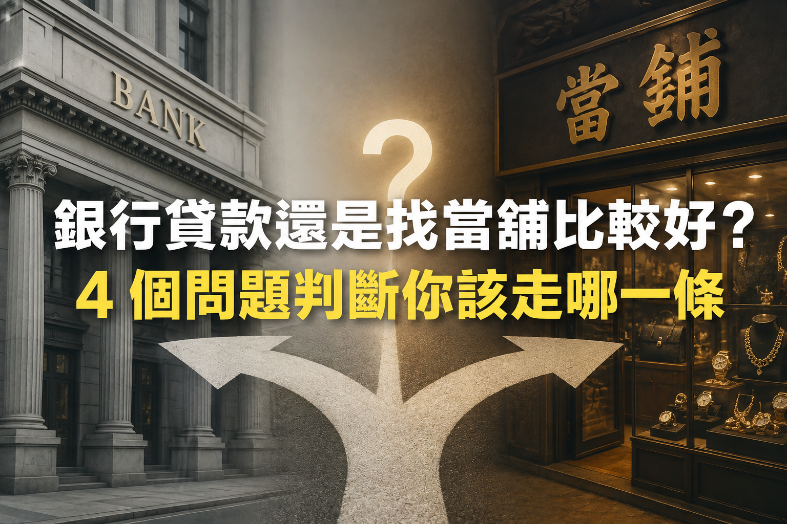銀行貸款與當鋪比較圖，左側銀行大樓、右側當鋪招牌，中間大箭頭與「4個問題」文字