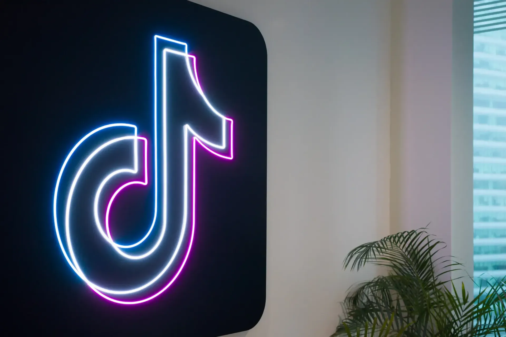 A neon sign of the tiktok app on a wall next to a plant.