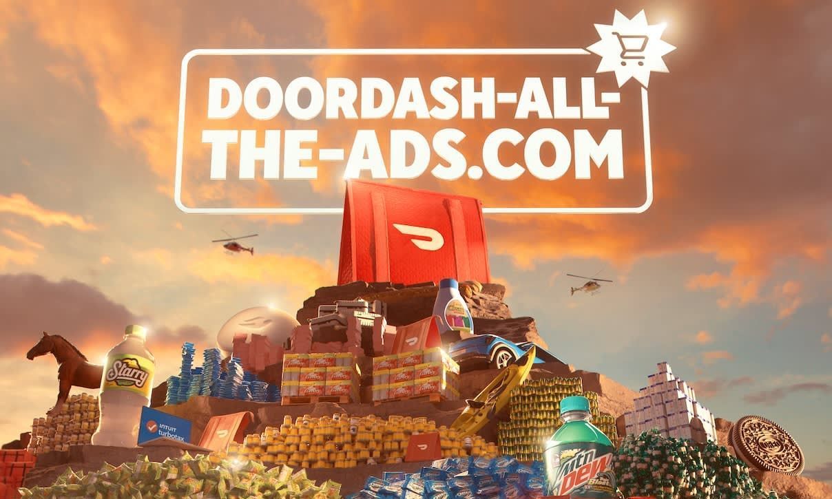 A poster for doordash-all-the-ads.com with a red bag on top of a mountain.
