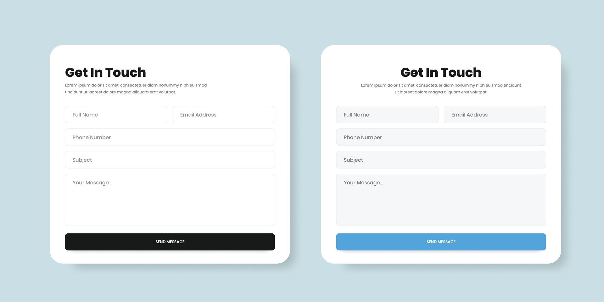 Two side-by-side mobile signup forms with white cards, black and blue submit buttons on a light background Two side-by-side mobile signup forms with white cards, black and blue submit buttons on a light background
