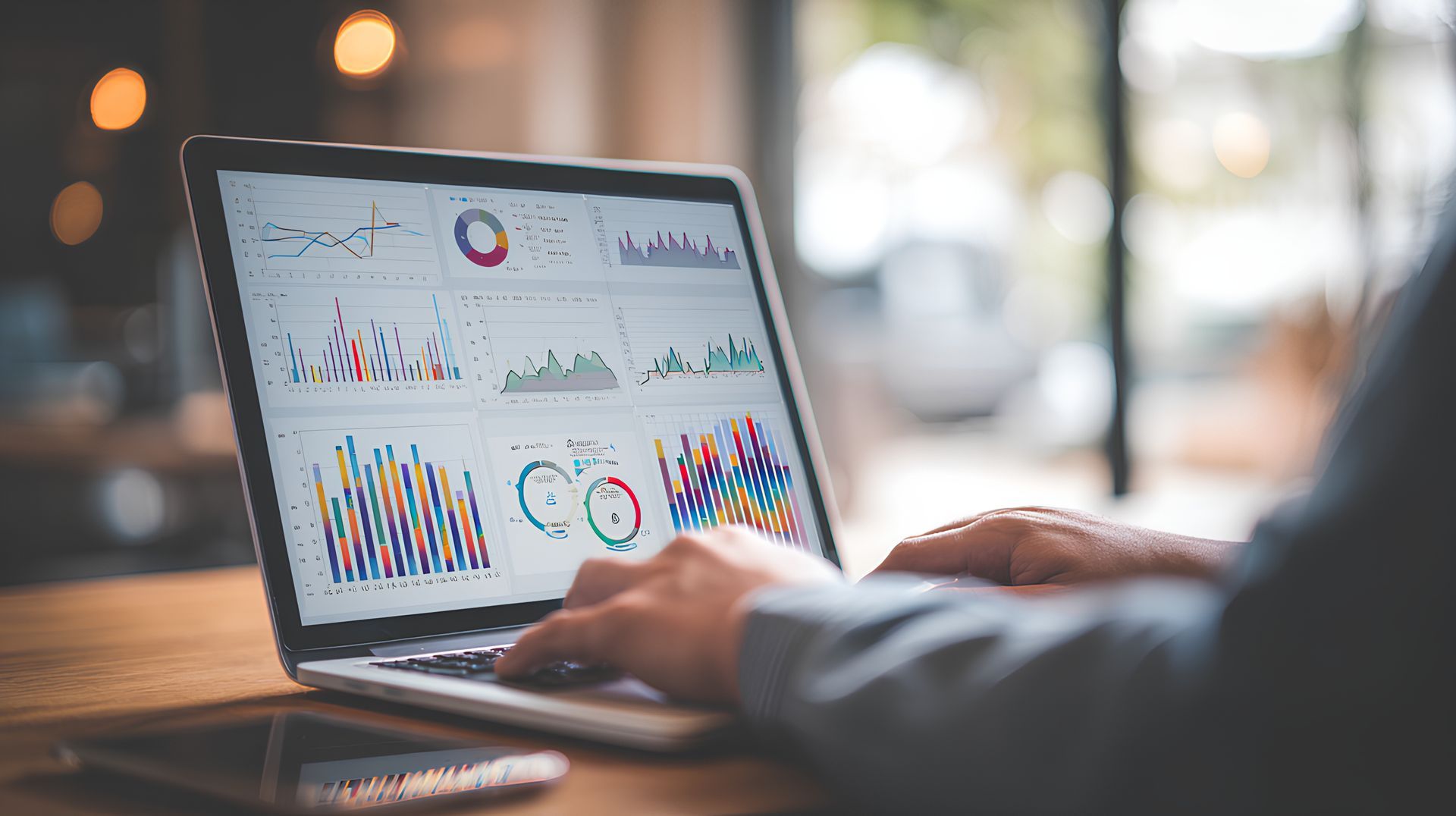 Hands typing on laptop showing colorful analytics dashboards in a dim office