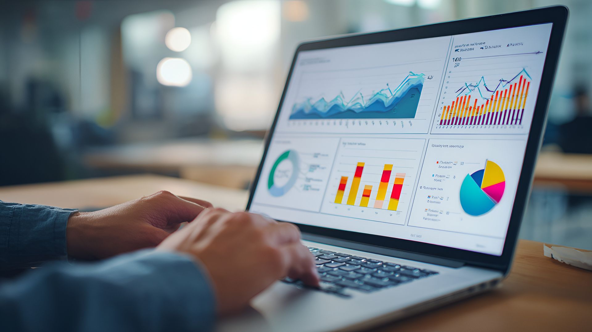 Hands using a laptop showing colorful business analytics charts and graphs