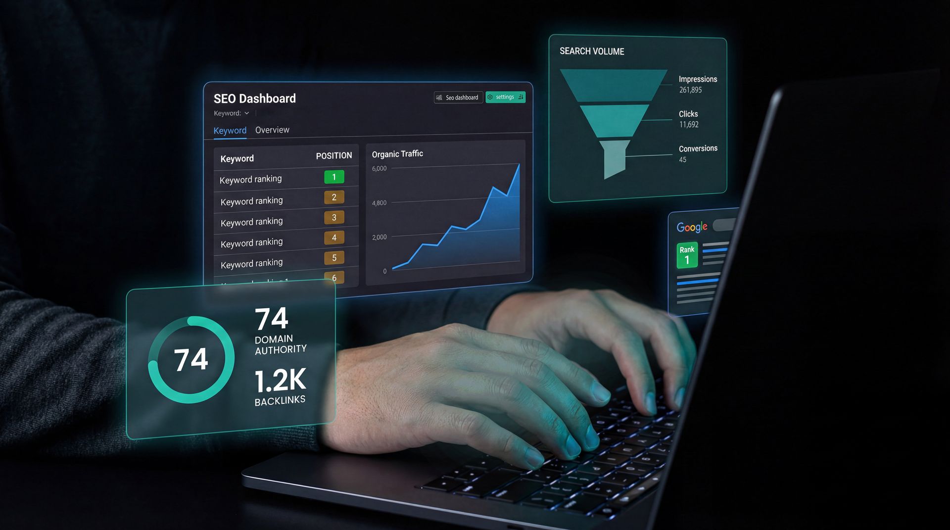 Hands typing on laptop with glowing data dashboards and charts floating above the keyboard Hands typing on laptop with glowing data dashboards and charts floating above the keyboard