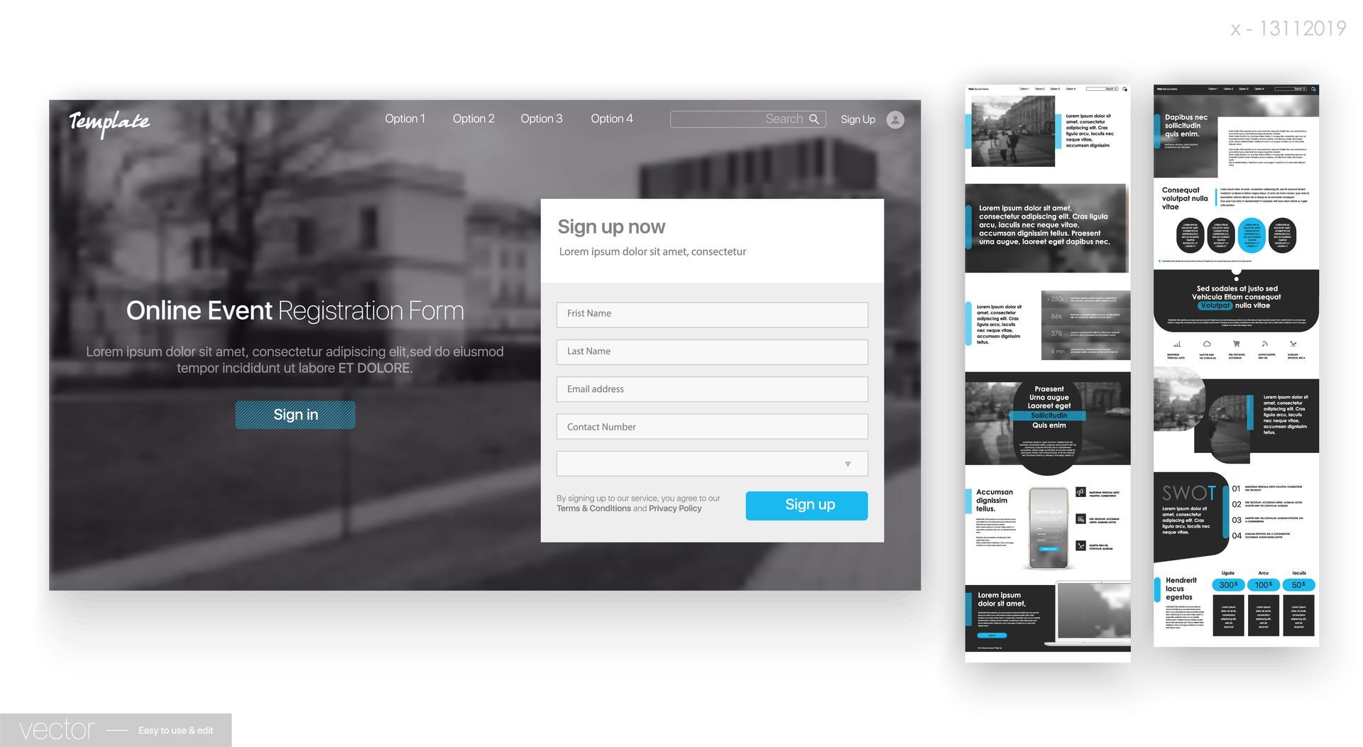 Website landing page mockup with a dark hero banner, signup form, and design thumbnails on the right