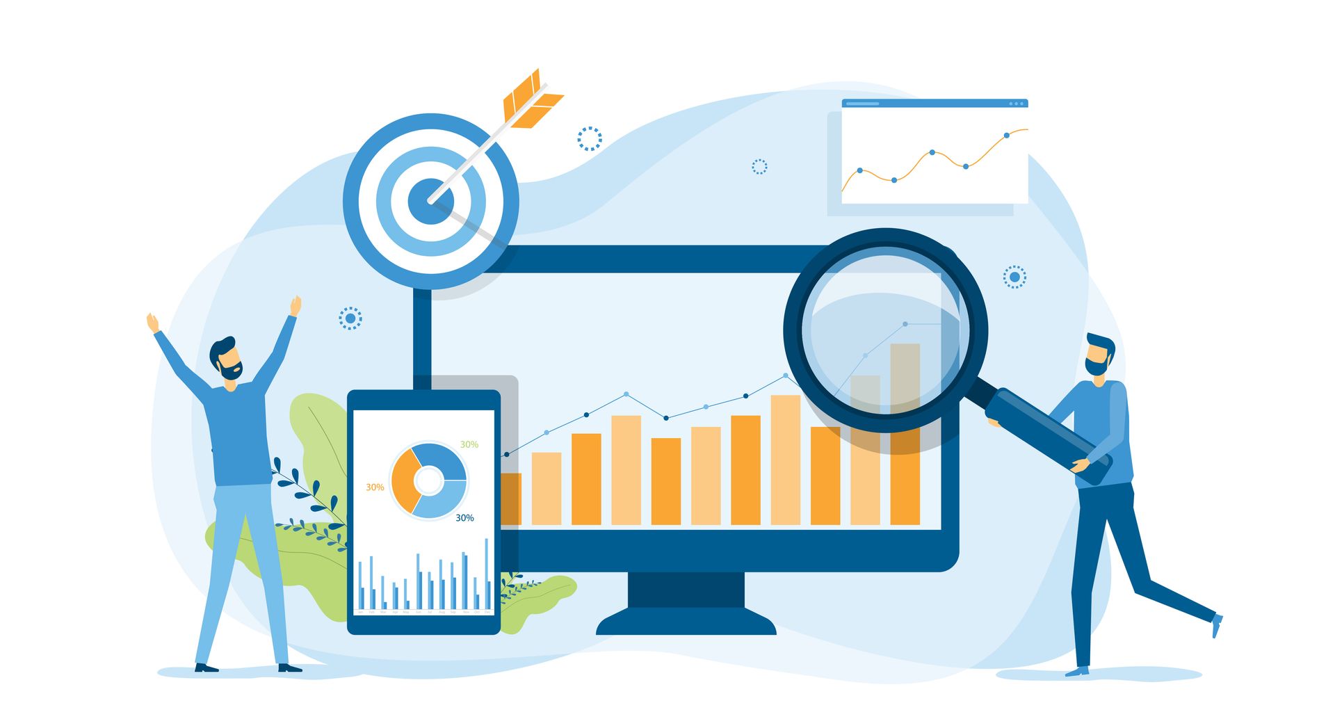 Analytics dashboard with charts and two people examining a target and data display